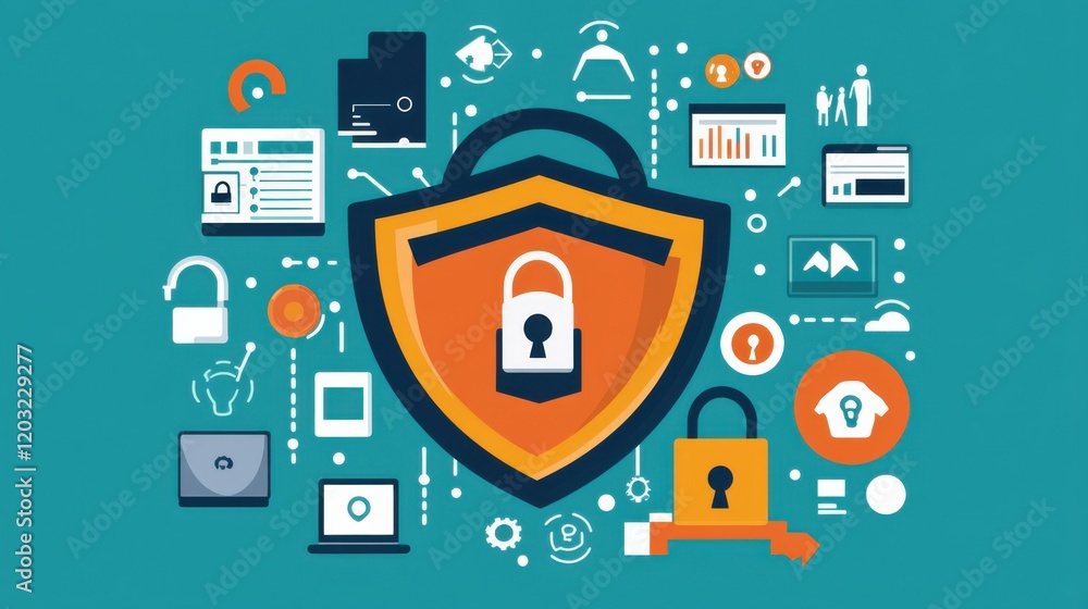 Aufkleber digital security concept featuring a shield with a lock surrounded by technology icons