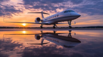 A white airplane reflected in a puddle on the runway, with the summer sunset casting a warm glow, creating a picturesque scene filled with anticipation.