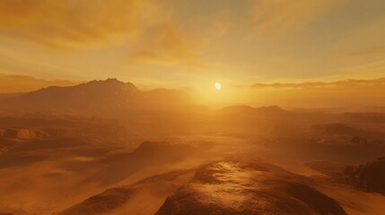 Naklejka premium Hazy sunset over a Martian-like landscape with mountainous terrain and a hazy atmosphere.