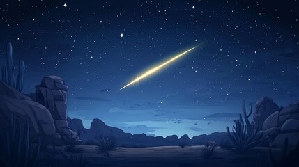 Naklejka premium Meteor shower over a desert landscape at night.