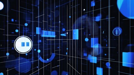 Abstract digital background with blue geometric shapes and lines representing technology and data flow