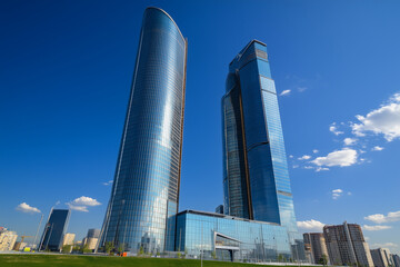 Obraz premium Modern Skyscrapers Against a Blue Sky