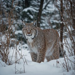 Obraz premium A lynx prowling silently through a snowy woodland. A lynx prowling through a snowy alpine forest. Snow nature. Lynx face walk. Winter wildlife in Europe. Lynx in the snow, snowy forest in February. Wi