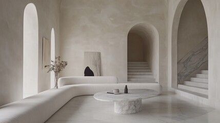 Minimalist curved sofa and marble coffee table in a light beige room with arched doorways and a staircase.