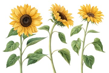 Obraz premium Three sunflowers with stems and leaves, isolated on a white background