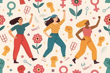 Seamless pattern featuring women in illustrations of feminism.