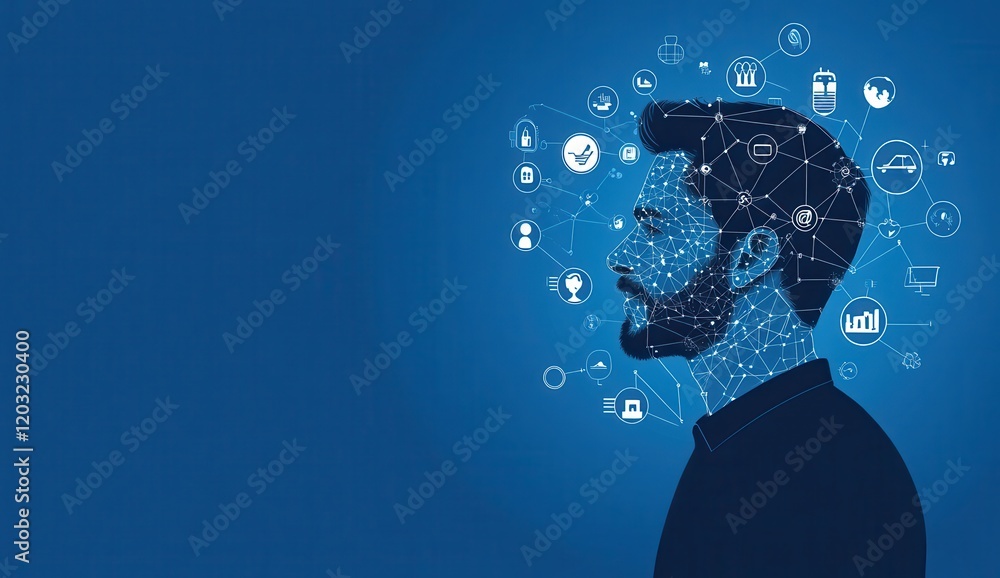Poster man profile silhouette with digital network connections representing technology, innovation, and dat