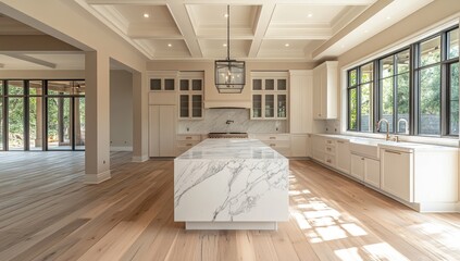 Modern and Spacious Kitchen with Elegant Marble Island and Large Windows, Showcasing Contemporary Design and Abundant Natural Light in Luxurious Home