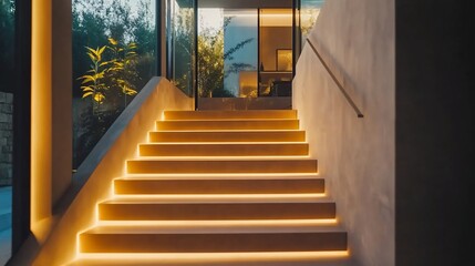 Fototapeta premium Modern interior staircase with warm LED lighting, concrete walls, glass panels, and garden view.