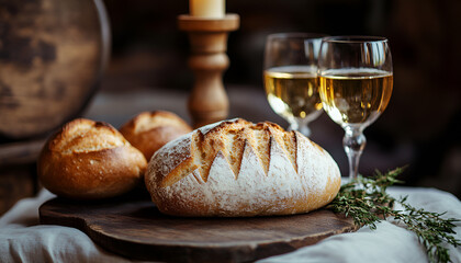 The process of breaking bread. Religious tradition of breaking bread. Bread and wine. Preparation for the church ceremony