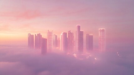 Fototapeta premium Dreamlike cityscape at dawn, shrouded in pink mist.