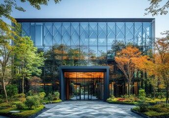 Modern Architectural Building with Glass Facade Surrounded by Lush Greenery and Autumn Foliage in a Bright and Sunny Environment