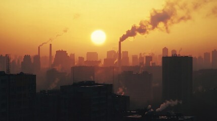 Fototapeta premium Sunrise over an industrial city with smoke stacks and smog.