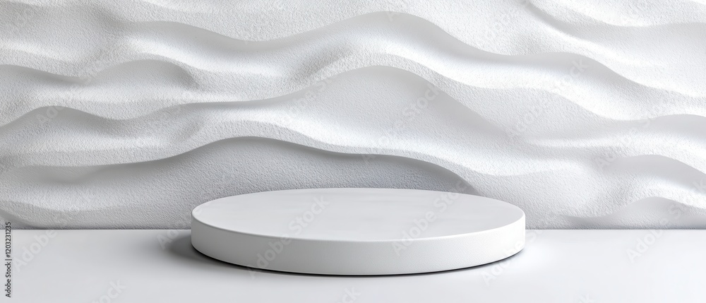 Poster minimalistic round display platform against a textured white wall backdrop.