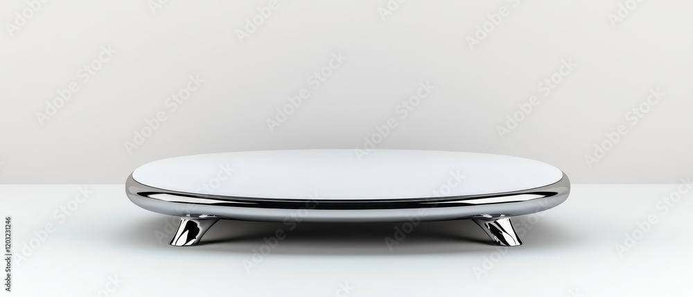 Poster minimalistic round display platform with a sleek chrome finish on a white background.
