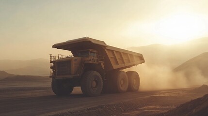 Large yellow mining dump truck driving on dusty road at sunset.