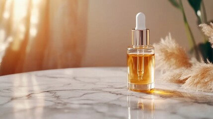 Naklejka premium Amber essential oil in glass dropper bottle on marble table.