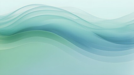 Abstract pastel blue and green wave background with layered, flowing lines.