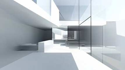 Obraz premium Modern white minimalist interior architecture design with glass walls and sunlight.