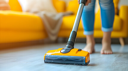 Person vacuuming a modern living room with bright decor