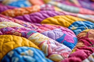 Fototapeta premium Vibrant Patchwork Quilt with Geometric and Floral Patterns