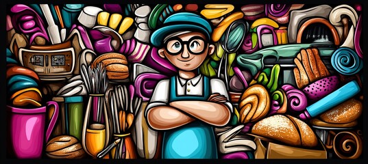 Happy baker surrounded by baking tools and ingredients.