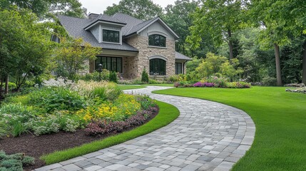 Naklejka premium House with stone walkway in front surrounded by lush greenery and garden