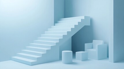 Minimalist 3D rendering of light blue stairs, chair, and stools in a simple room.