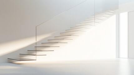 Obraz premium Modern white staircase with glass railing, sunlight illuminating steps in minimalist interior.