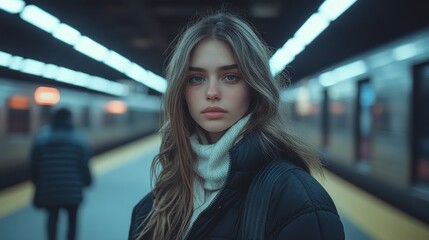 Obraz premium Woman standing in subway station with urban setting and commuters nearby