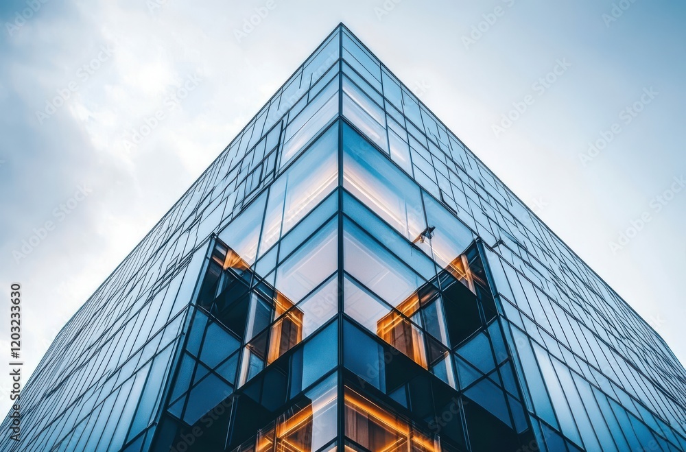 Poster modern architectural design of a glass building showcasing angular geometry and reflections under a 