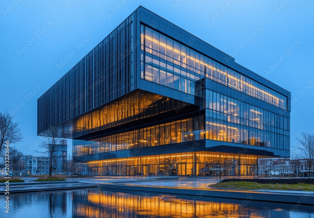 Poster modern architectural design of a sleek glass building at dusk featuring illuminated windows and a re