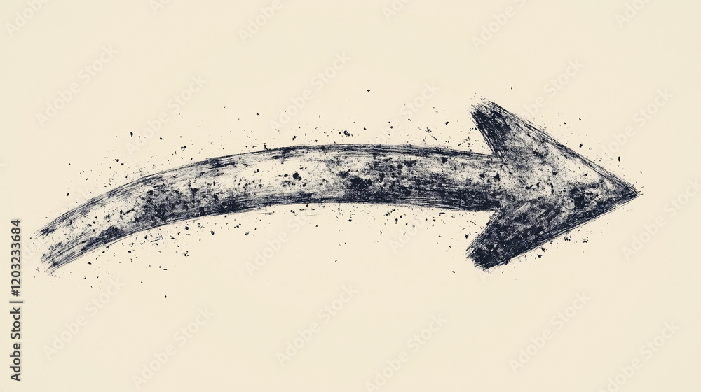 Poster curved arrow: abstract charcoal sketch of a curved arrow pointing to the left, created with a textur