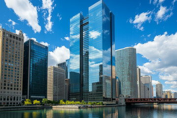 Fototapeta premium Modern Skyscrapers Against a Blue Sky
