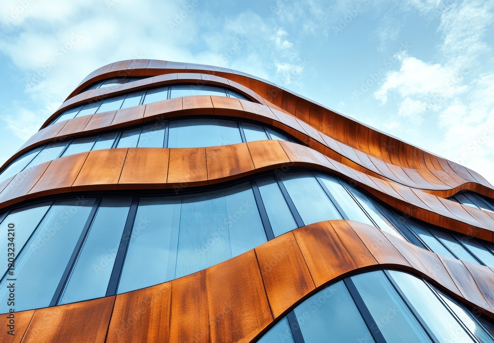 Poster modern architectural design of a unique building facade with wavy copper cladding and large glass wi
