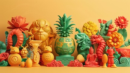 Design a series of 3D clay icons that represent various food and culinary concepts, such as fruits, vegetables, and different cuisines Use a mouthwatering