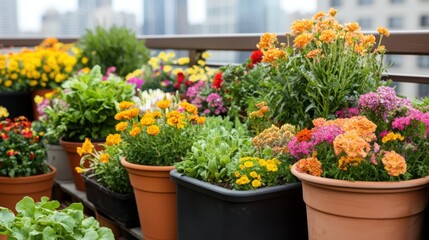 A vibrant arrangement of colorful flowers in pots on a balcony, showcasing a beautiful urban garden with various blooming plants.