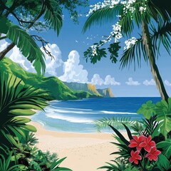Obraz premium Tropical Paradise: A lush and vibrant tropical beach scene unfolds before you. Turquoise waters lap against pristine white sand, framed by swaying palm trees and vibrant foliage.