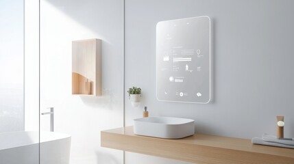 A modern bathroom featuring a stylish mirror with smart technology, a sleek basin, wooden shelf, and minimalistic decor, creating a serene and contemporary atmosphere.
