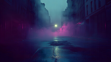 Obraz premium Dark alley lit by soft purple and pink neon lights, with a reflective surface.