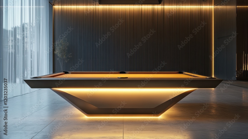 Poster a sleek and modern billiard table with minimalistic design, illuminated softly, creating a stylish b