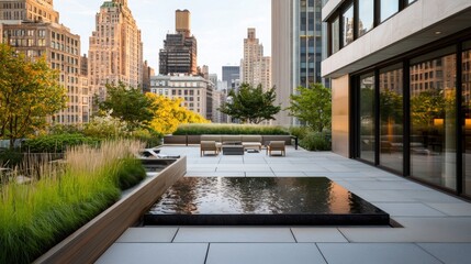 Obraz premium A modern rooftop terrace features greenery, a reflecting pool, and city skyline views, blending urban living with nature.