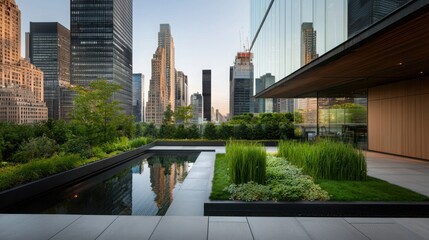 Fototapeta premium A modern urban rooftop garden featuring greenery, a reflective water pool, and a skyline backdrop with towering skyscrapers.