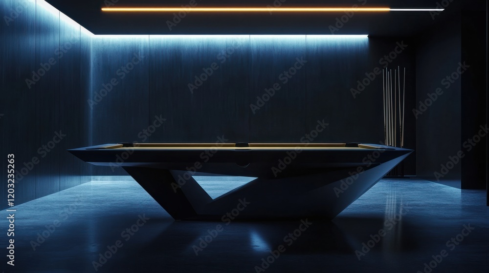 Poster a sleek and modern billiard table with minimalistic design, illuminated softly, creating a stylish b