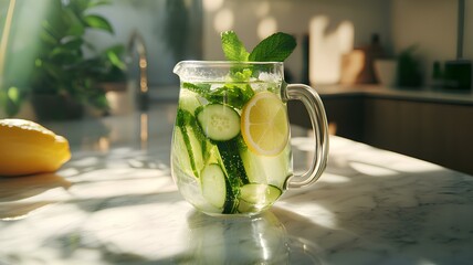 Mug of fresh cucumber water with lemon and mint on table in kitchen