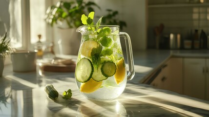 citrus lemonade with cucumber, lime and mint in jug on table in kitchen