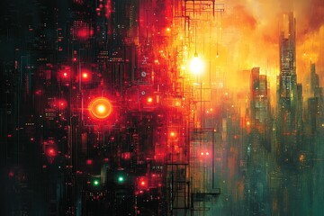 Cyberpunk city, glowing lights, digital art.