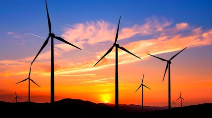 Silhouette of multiple wind turbines against a dramatic sunset sky.