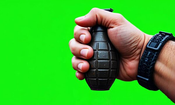 a hand holding a grenade on green screen