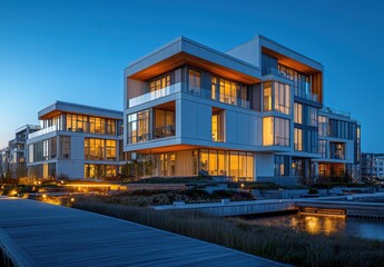 Modern Architectural Marvels at Twilight Showcasing Contemporary Design and Illuminated Facades Near Tranquil Water Features in Urban Environment